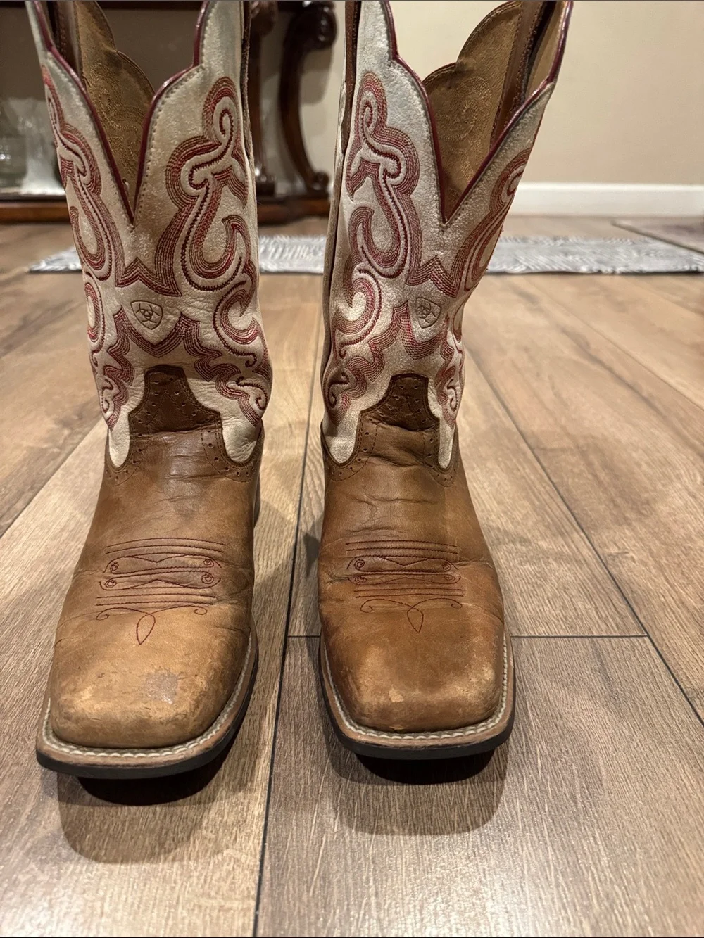 Ariat Women’s Brown Leather Cowboy Boots with White & Red Embroidered Shaft
